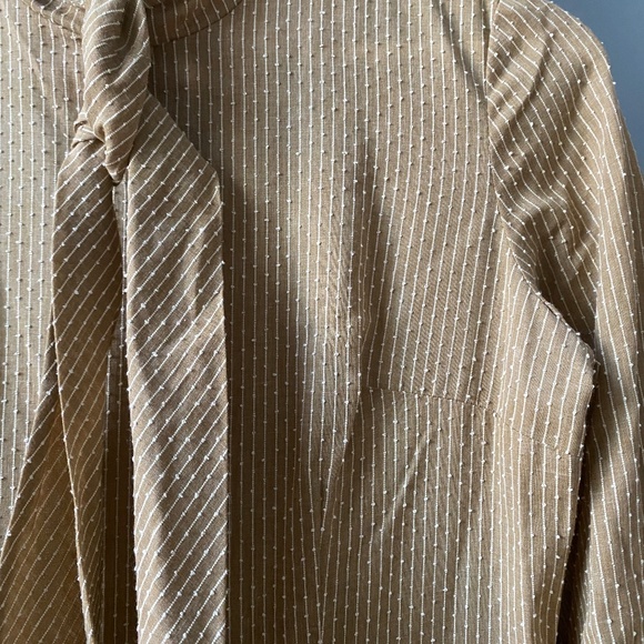 60s/70s Size S Mini Dress Neck Tie Linen Skirt Gold Beige Bodice - Picture 10 of 16